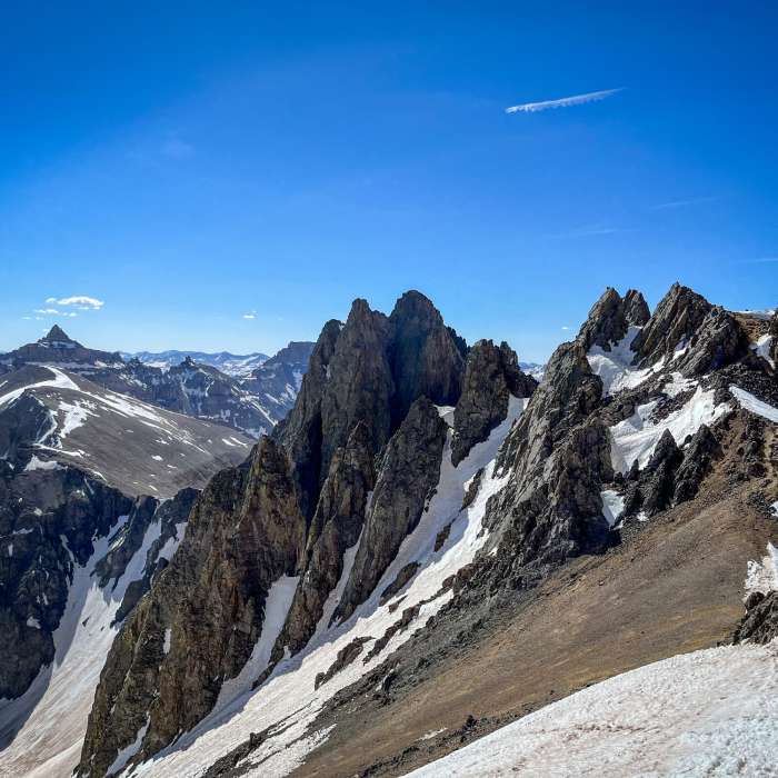 View from the saddle at Lavender Col. in mid-May. Near Mount Sneffels Southwest Ridge