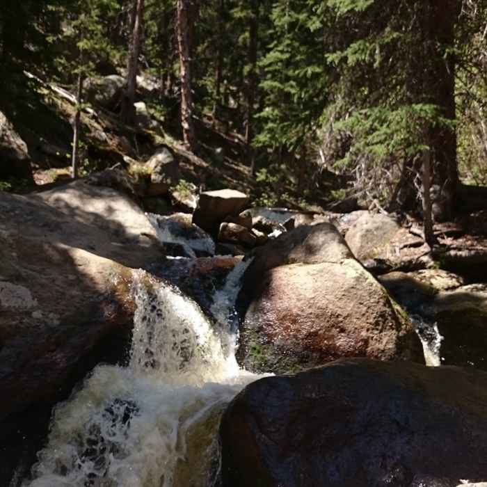 Multiple small, cascading waterfalls flow along Rough And Tumbling Creek. Near Tumble Creek Trail #617
