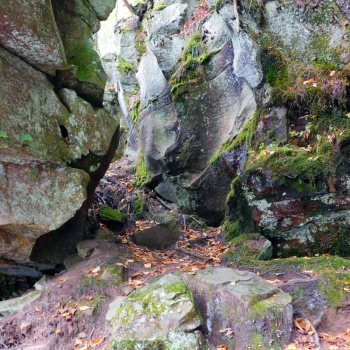 This is an example of the terrain on Hell's Gate Trail. To pass through, you'll travel through this slot, then climb down on the other side. Near The Best of Banning State Park