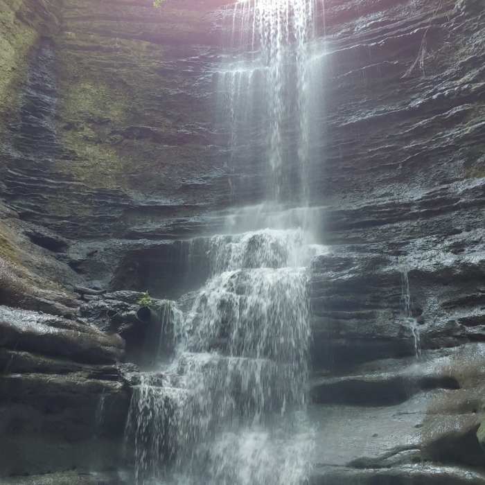 Waterfall at the end of the Interior Canyon Trail. This water fall is also accessible by several stairs at the Matthiessen Lake Shelter parking lot. The road to the Matthiessen Lake parking lot is a single lane gravel road next to a golf course. Near Matthiessen State Park Loop
