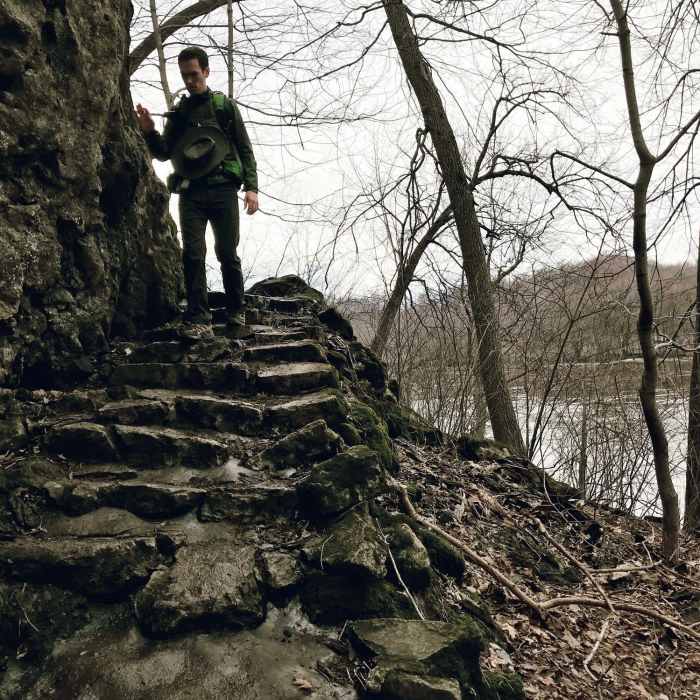 Coming down the old stone steps headed north on Cedar Cliff Trail Near Palisades Loop