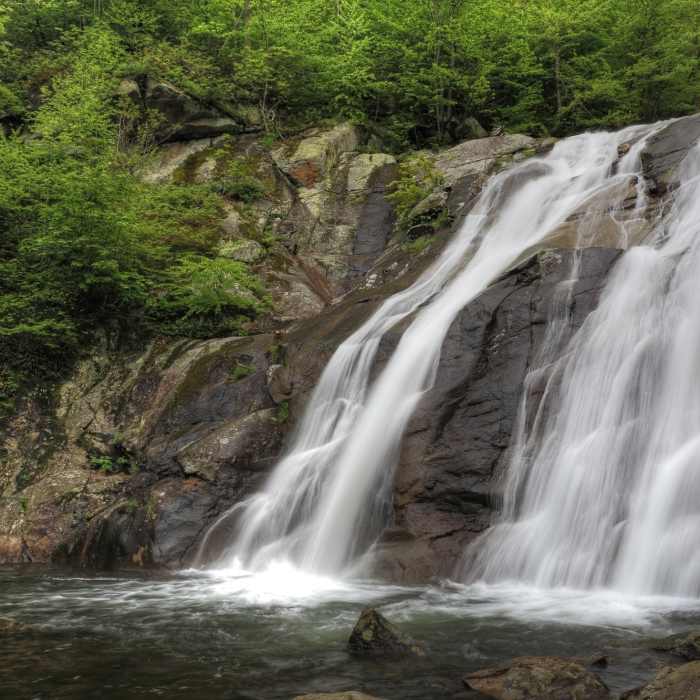 The lower falls of Whiteoak Canyon (the 6th of 6 waterfalls). Near Whiteoak Canyon - Hawksbill Summit Loop