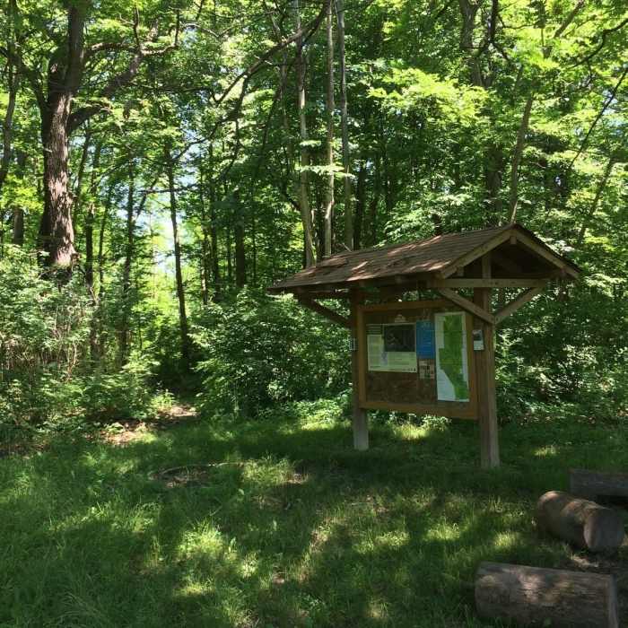 The trailhead for the Mountain Bike and Hiking Trail on the corner of Outer Drive and Tireman Avenue. Near Prairie Pathway