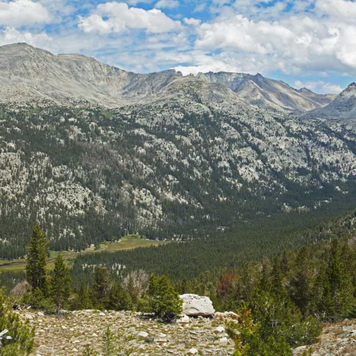 Overlooking Colby Meadow. Darwin's Bench is towards the right side with Mt. Darwin to the right and Mt. Gothe to the left. Near Emerald Peak Lakes Route