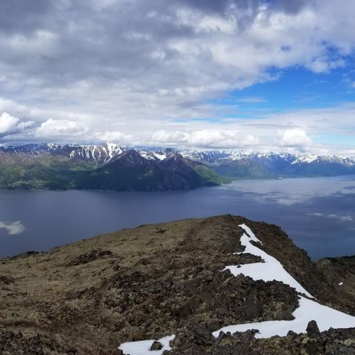 Summit view looking north toward Knik Arm and southern Chugach State Park. Near Hope Point Trail