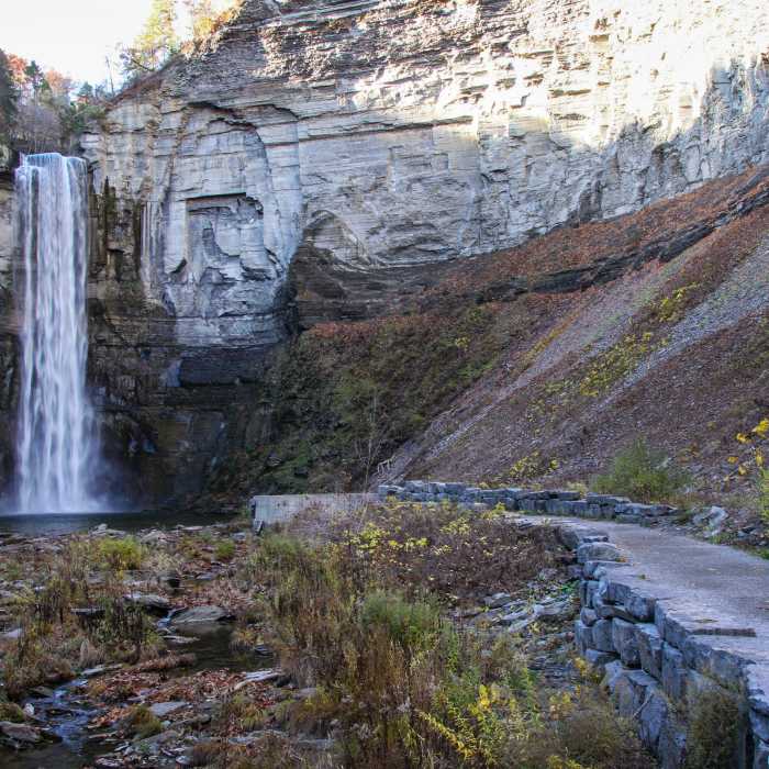 The path near the base of the beautiful Taughannock Falls offers a fantastic look at the water and surrounding amphitheater. Near Taughannock Falls via Gorge Trail