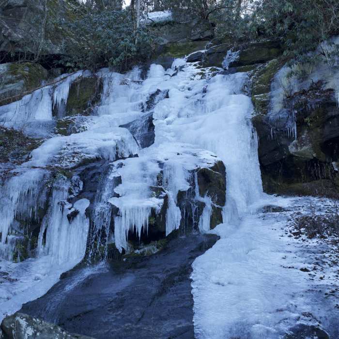 Hen Wallow Falls on a cold winter day after a week of below freezing temperatures. It's beautiful when covered in ice. Near Hen Wallow Falls