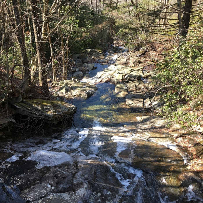 A waterfall slackens into a stream along the Flat Laurel Creek Trail. Near Sam Knob Loop