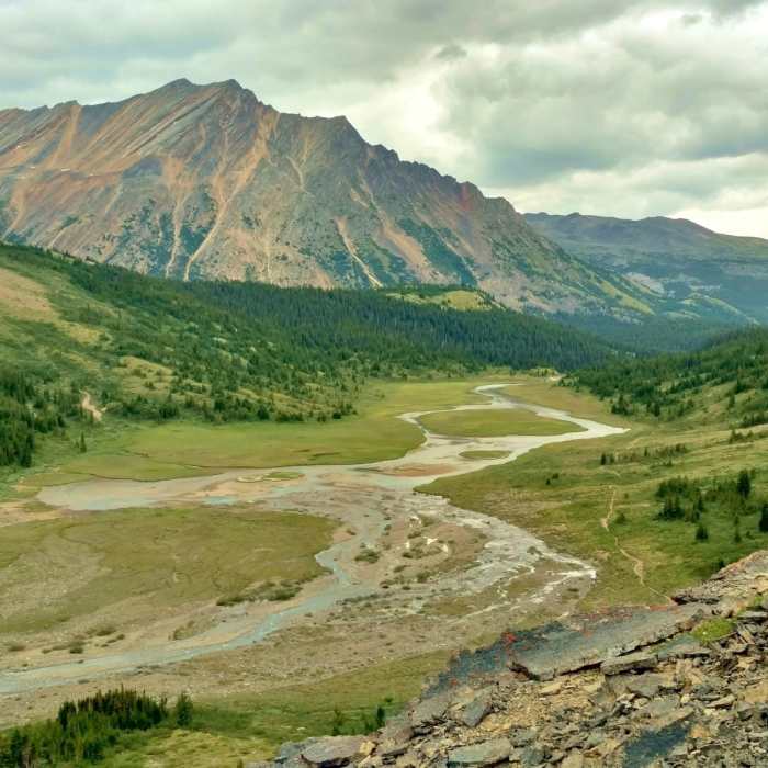 The Brazeau River runs through meadows at the base of the north side of Nigel Pass. This awesome view surprises upon rounding a bend in the trail when descending the pass. Near Brazeau Loop