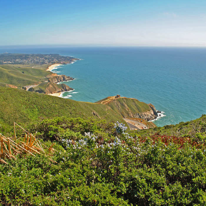 From just below the high point on old Half Moon Bay-Colma Road, looking towards Gray Whale Cove and Montara. Near San Pedro Mountain Trail