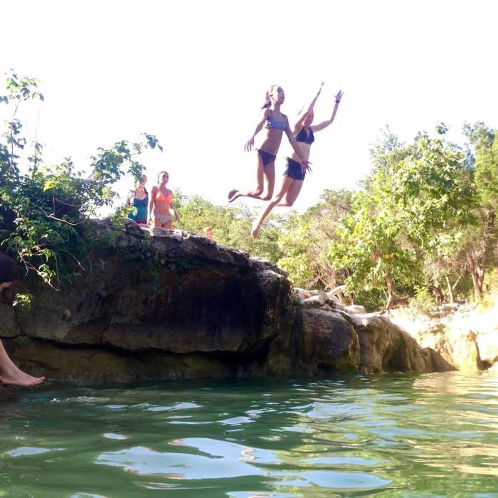 1....2....3.... JUMP ! It's only about 10 feet deep (at this water level) and just a few stokes to get back to shallows. Near Upper Barton Creek Greenbelt