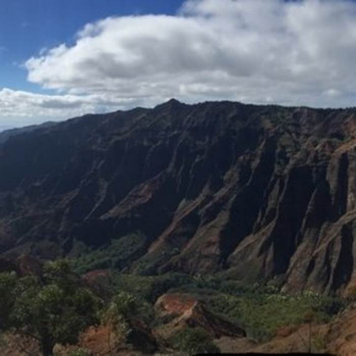 Panoramic view of Waimea Canyon all the way to the ocean. Near Kumuwela, Canyon, Halemanu-Kokee Loop