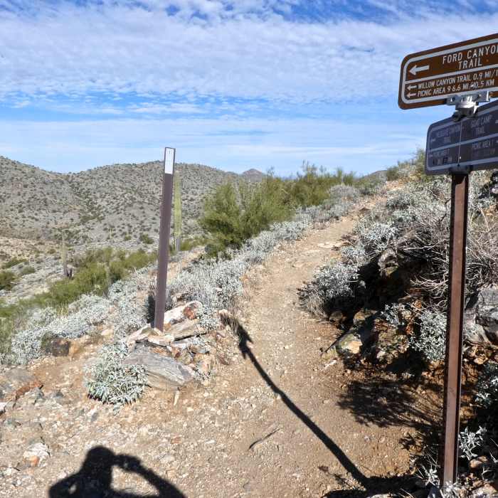Mesquite trail on right of signpost, Ford Canyon on left trail heading down past sign post. Near Ford Canyon Trail