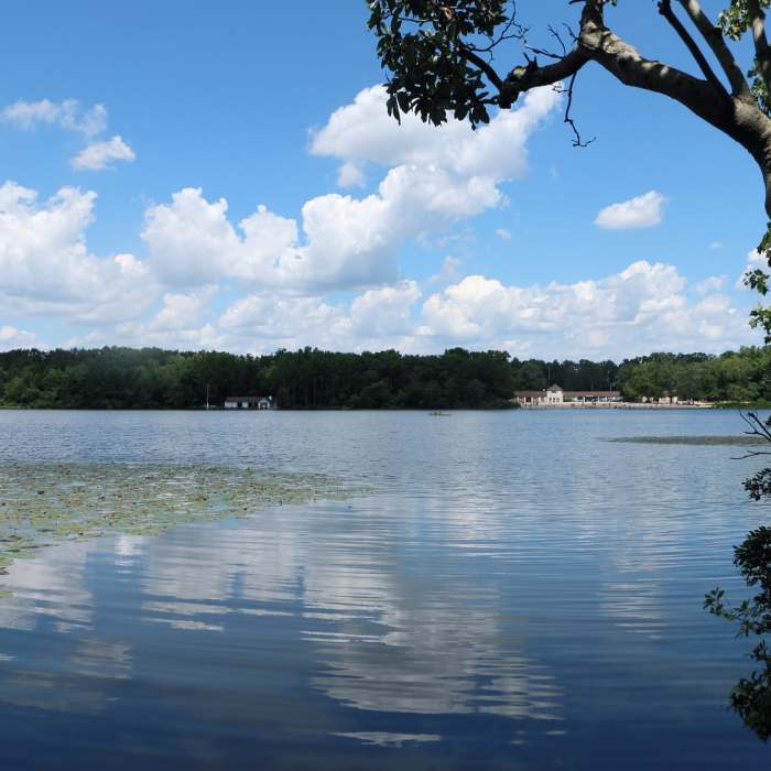 The view from across the swimming area. Near Parvin Lake Trail