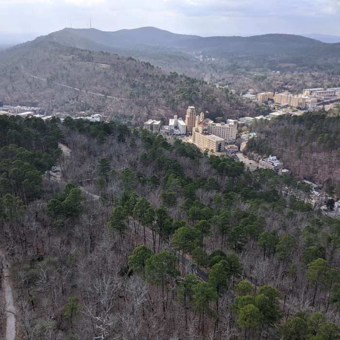This is a view of the trail from the top of the tower. You can see it extending from the left hand side down the hill. Near Hot Springs Mountain Loop
