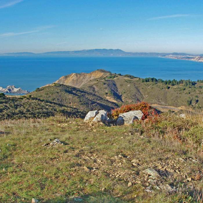 Left center: San Pedro Rock. Center: Pedro Point Headlands; Upper Center: Mt. Tamalpais; Upper right: Pacifica, Daly City and the Sunset district Near San Pedro Mountain Trail