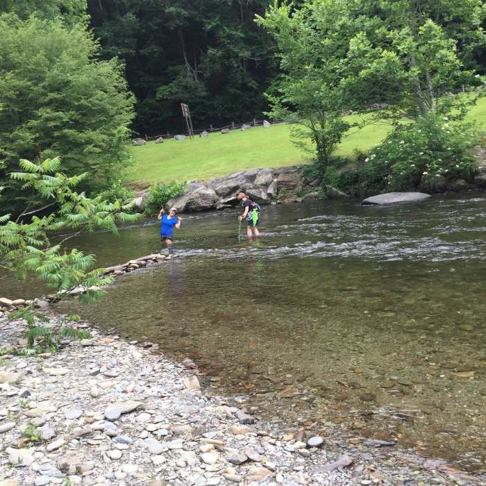 We found a nearby shallower area to cross the river. Ended up being about waist-high in June. Watch for snakes in the rocks, too. Near Roundtop Trail