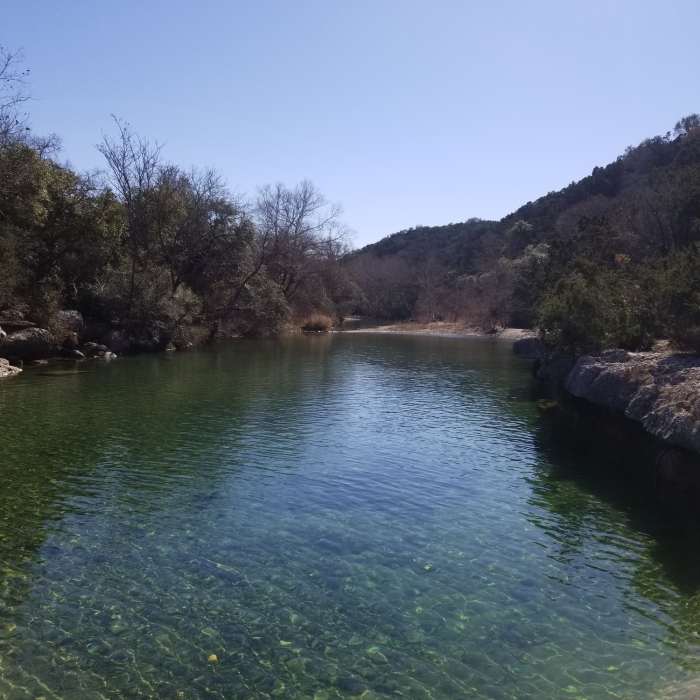View from Sculpture Falls (wintertime). Barton creek is known for its beautiful blue-green water. Near Upper Barton Creek Greenbelt