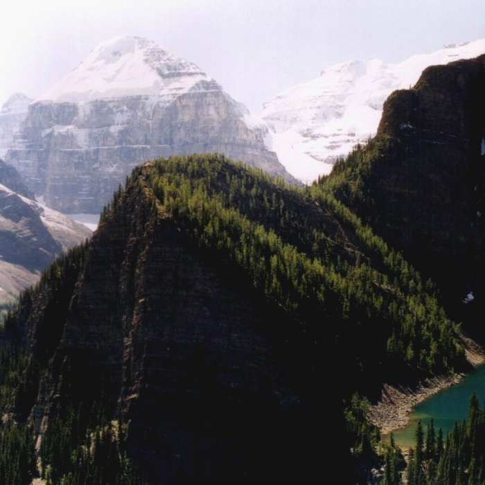Looking down on the Beehive and Lake Agnes from the Little Beehive. Mt. Lefroy directly beyond the Beehive. Near Lake Agnes and Plain of Six Glaciers Trail