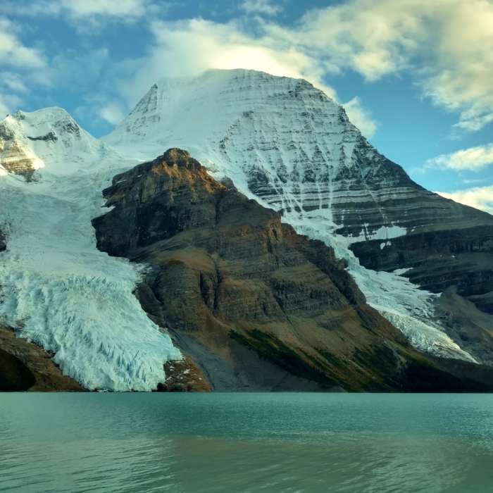 Mt. Robson, highest in the Canadian Rockies at 12,972, with Berg Glacier (left), Mist Glacier (right), and Berg Lake Near Berg Lake Trail