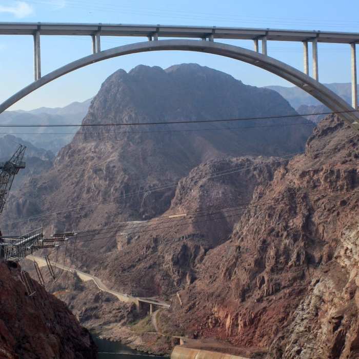 Looking at the bridge from the Hoover Dam visitor center. Near Historic RR Tunnels, Hoover Dam, & Bridge