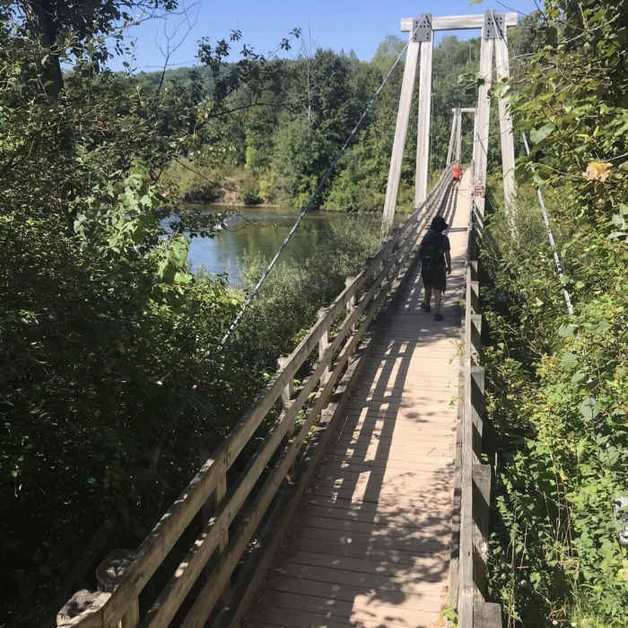 "The Mini Mac" wooden suspension bridge over the Manistee River. Near Manistee River Trail