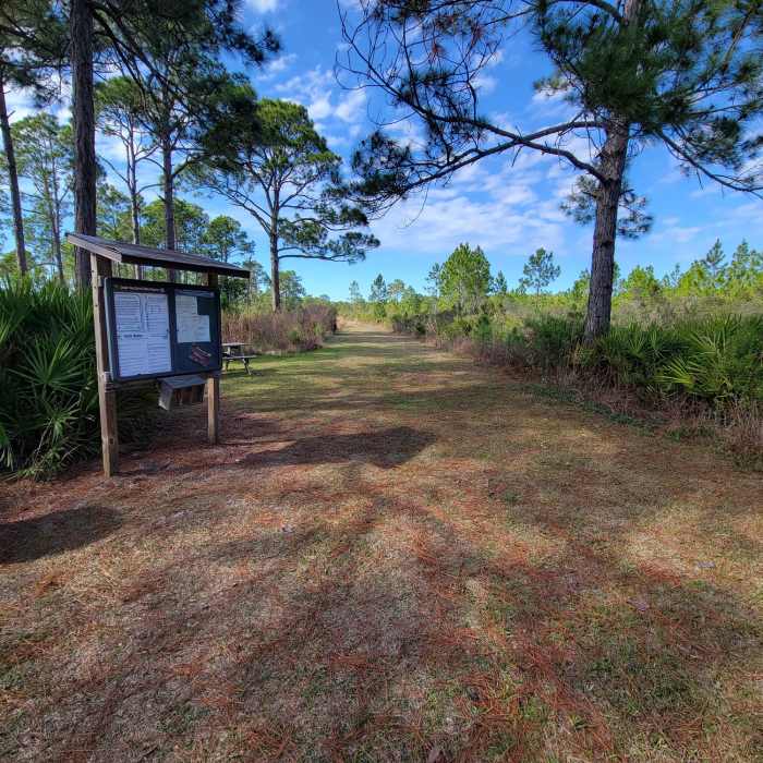 Trailhead with picnic area and horse hitching post. Near White Loop