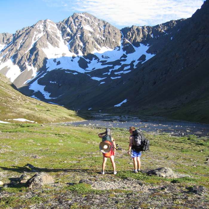 Dylan and Brett resting below the steep north face of the Ramp. Near Williwaw Lakes Tour
