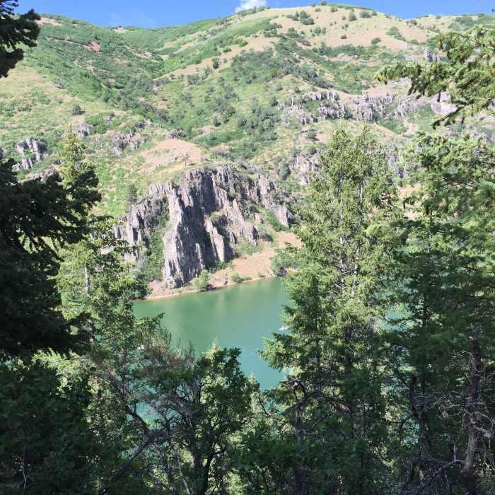 A view through the trees from the Skull Crack Trail to the cliffs on the other side of Causey Reservoir. Near Skull Crack Trail