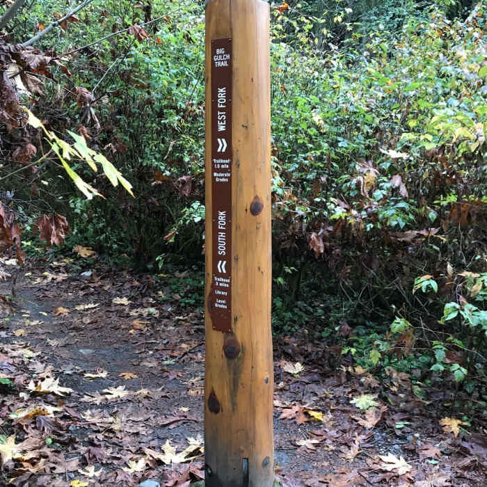 Signpost at the intersection of the west trail and south loop trail. Near West Fork Trail Trail
