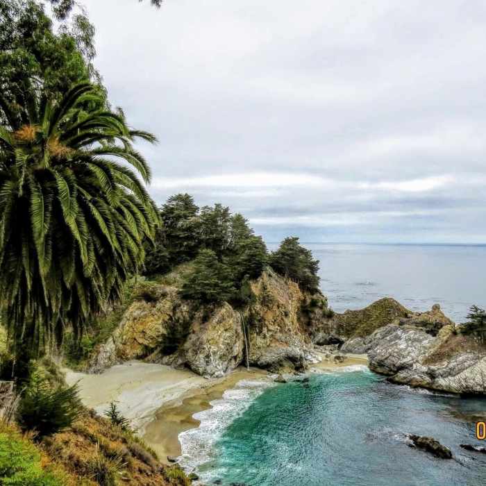 McWay Falls trickles from the hill below the Pacific Coast Highway. Near Waterfall Overlook Trail