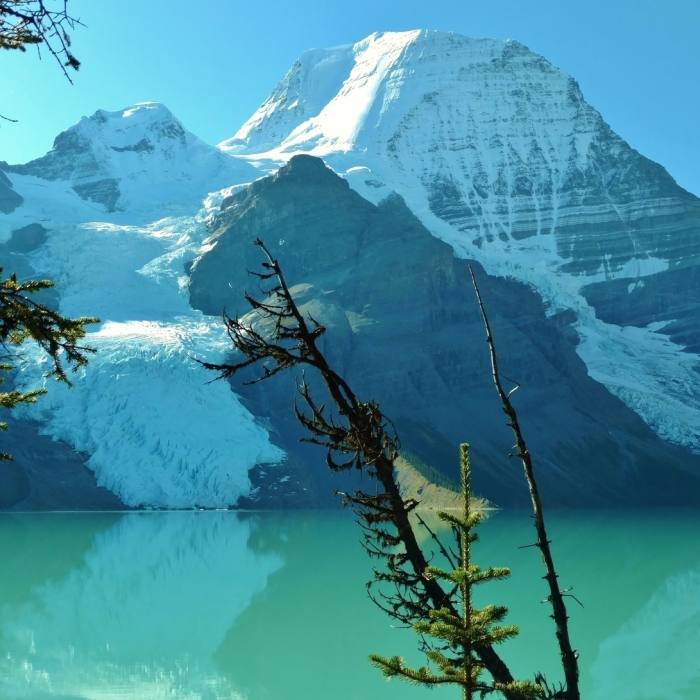 Mt. Robson (12,972 ft., highest in Canadian Rockies) across Berg Lake, with Berg Glacier (left) and Mist Glacier (right), from the Berg lake Trail Near Berg Lake Trail