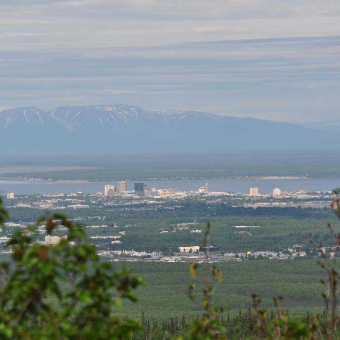 View of Anchorage as we climb above tree line. Near Wolverine Peak