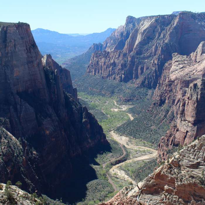 Zion Canyon and its winding Virgin River Near East Mesa Trail