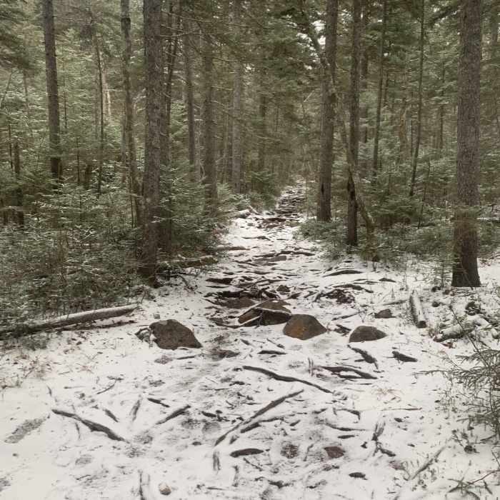 Rocks and slippery snowy trail. Near Hancock Loop Trail