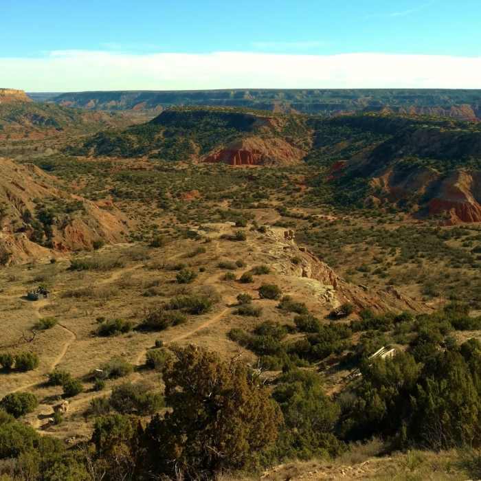 Palo Duro Canyon from the rim viewpoint on a sunny February day. Near CCC Trail