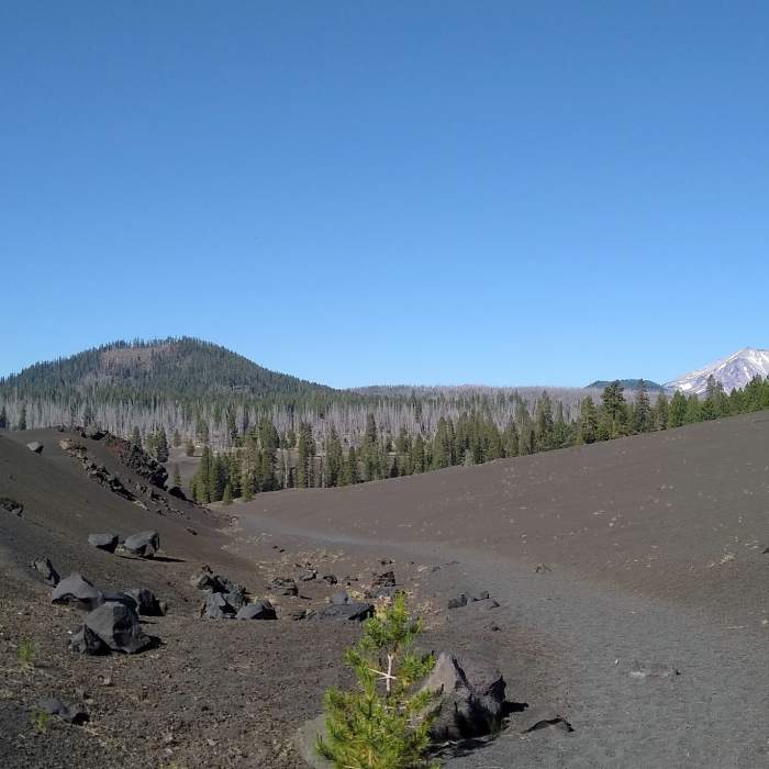 Fairfield Peak (left) and distant Lassen Peak (right), 10,457 ft., are stunning against the barren volcanic ash on the west side of Cinder Cone. Near Cinder Cone Trail
