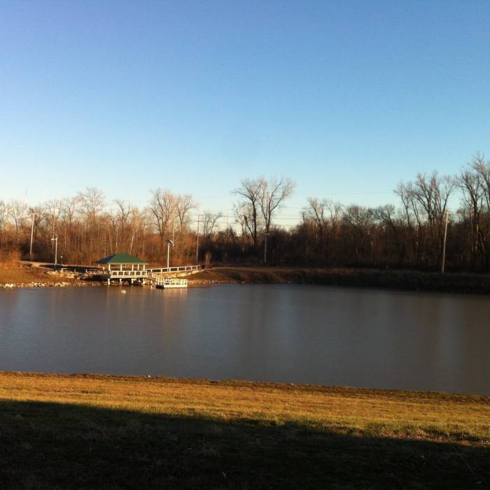 A view of the lake and the fishing dock/gazebo. Near Podhorn Trail Loop