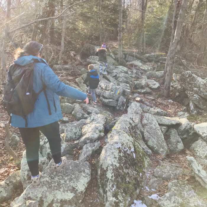 Scrambling on an easier section of the Skyline Trail just before the climb to the North Lookout. Near Hawk Mountain Sanctuary Loop