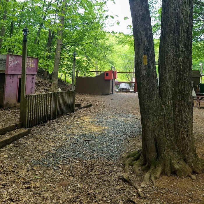 Pretzel Hut petting zoo exit/entrance; note the gold blaze Near Canon Hill Loop Trail