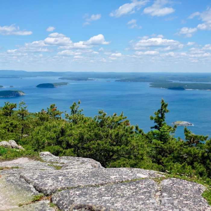 Atop Champlain Mountain with views of Porcupine Islands in distance. Near Champlain North Ridge Trail