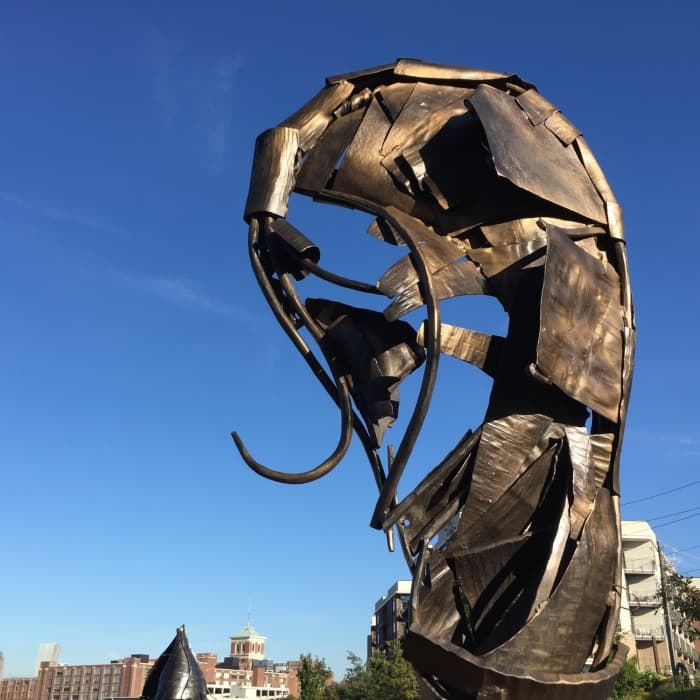 An example of the kind of artwork one finds along the Beltline. Note: Most of the works on display will change at least once a year. Near Beltline Eastside Trail: Piedmont Park to Krog Street Market