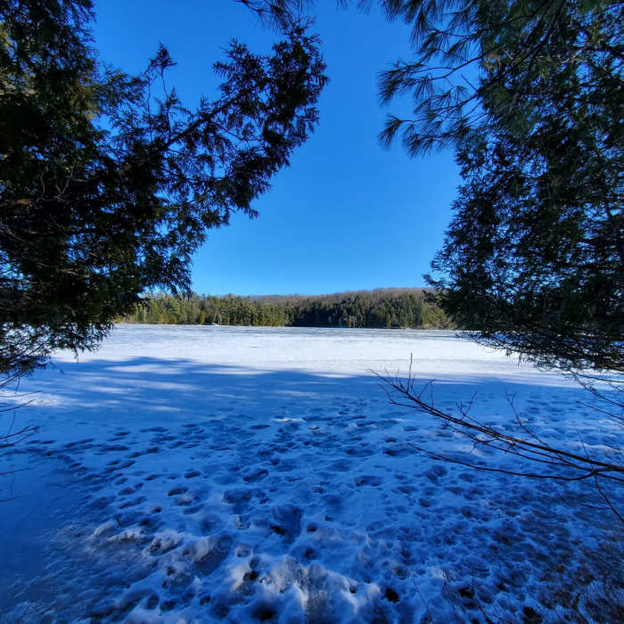 Frozen Gould Lake in early March. Near Mine Loop to Point Spur