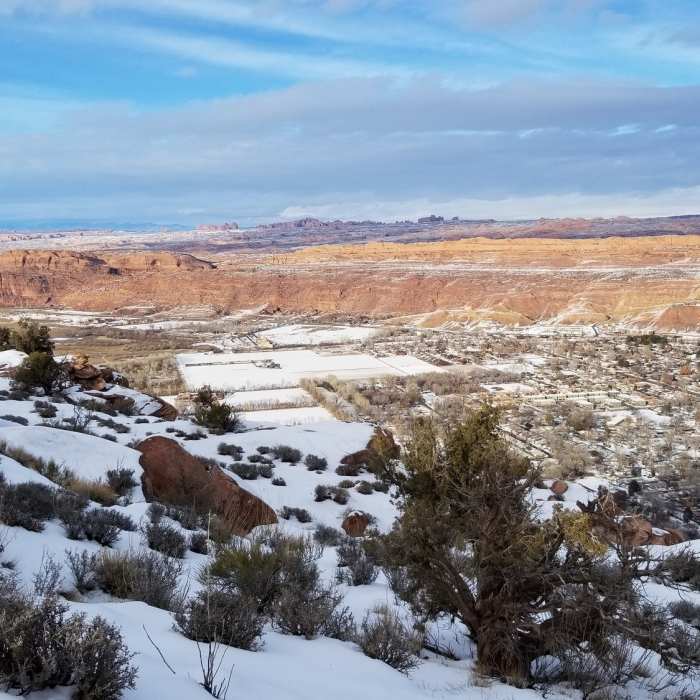 At the rim, there is a great view of Moab and the surrounding canyons. Near Moab Rim Trail