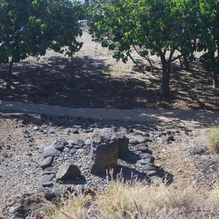 From the Stone Leaning Post Overlook, you can see the stone post that overlooks the site of the shark temple. Near Pu'ukohola Heiau Walking Tour