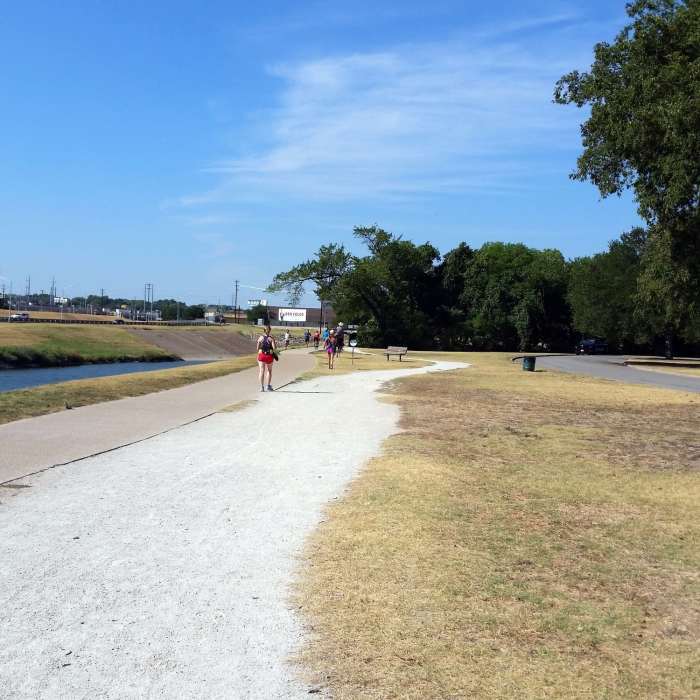 Concrete Trinity Trail and crushed limestone path. Near Trinity Trails: Trinity Main TH to Haws TH