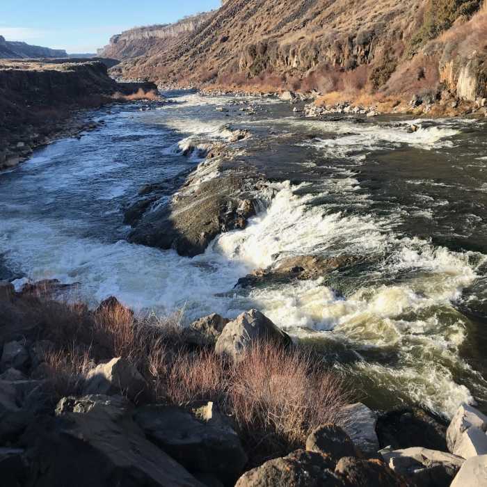 A view of Auger Falls from the Auger Falls Trail. The falls temporarily shifts the direction of part of the river by 90 degrees, like an auger Near Auger Falls Trail