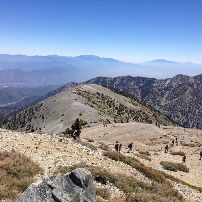 Headed down Devils Backbone off the summit. This descent is tricky/technical due to loose stone, sometimes deep with large stone pieces. I don't hike with poles but I could have used them here. Near Mt. Baldy Trail #7W12