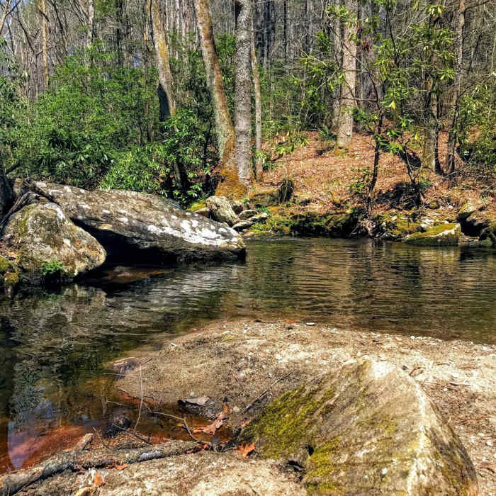 A hand-chiseled millstone lies abandoned in the creek Near Basin Creek Trail