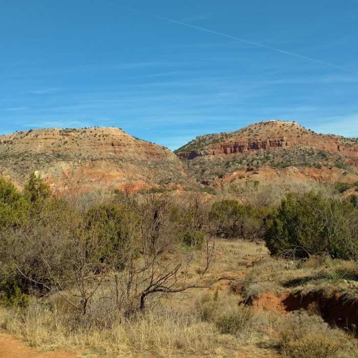 Fortress Cliffs to the east, as seen from near the beginning of Kiowa Trail. Near Kiowa Trail